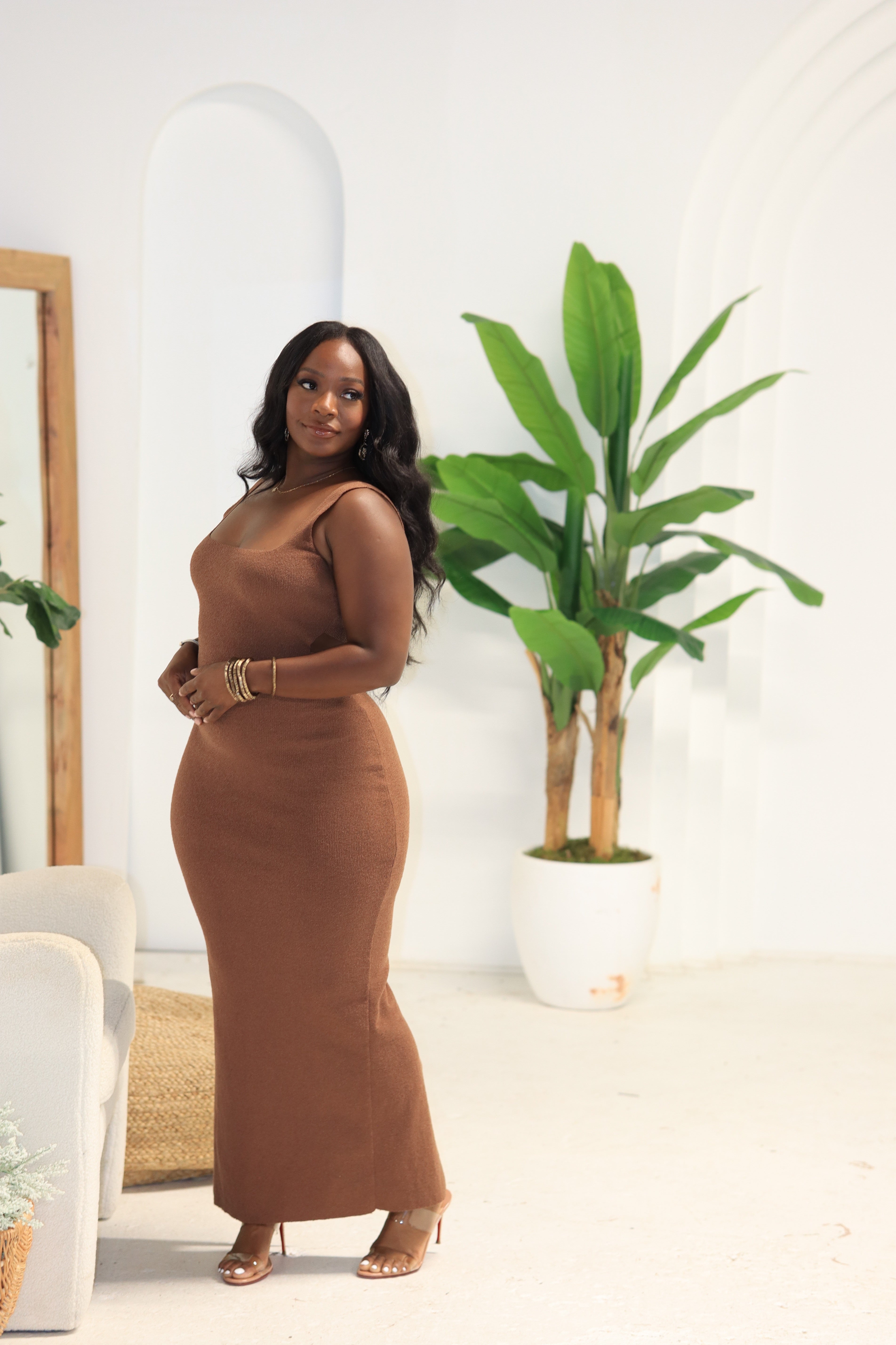 Vera Dress Contour Knit Cut-Out Maxi (Brown) - M / Brown Vera Dress Contour Knit Cut-Out Maxi (Brown) - M / Brown
