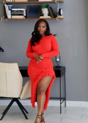 Gimme Frill – Asymmetrical Feather Trim Dress (Red)