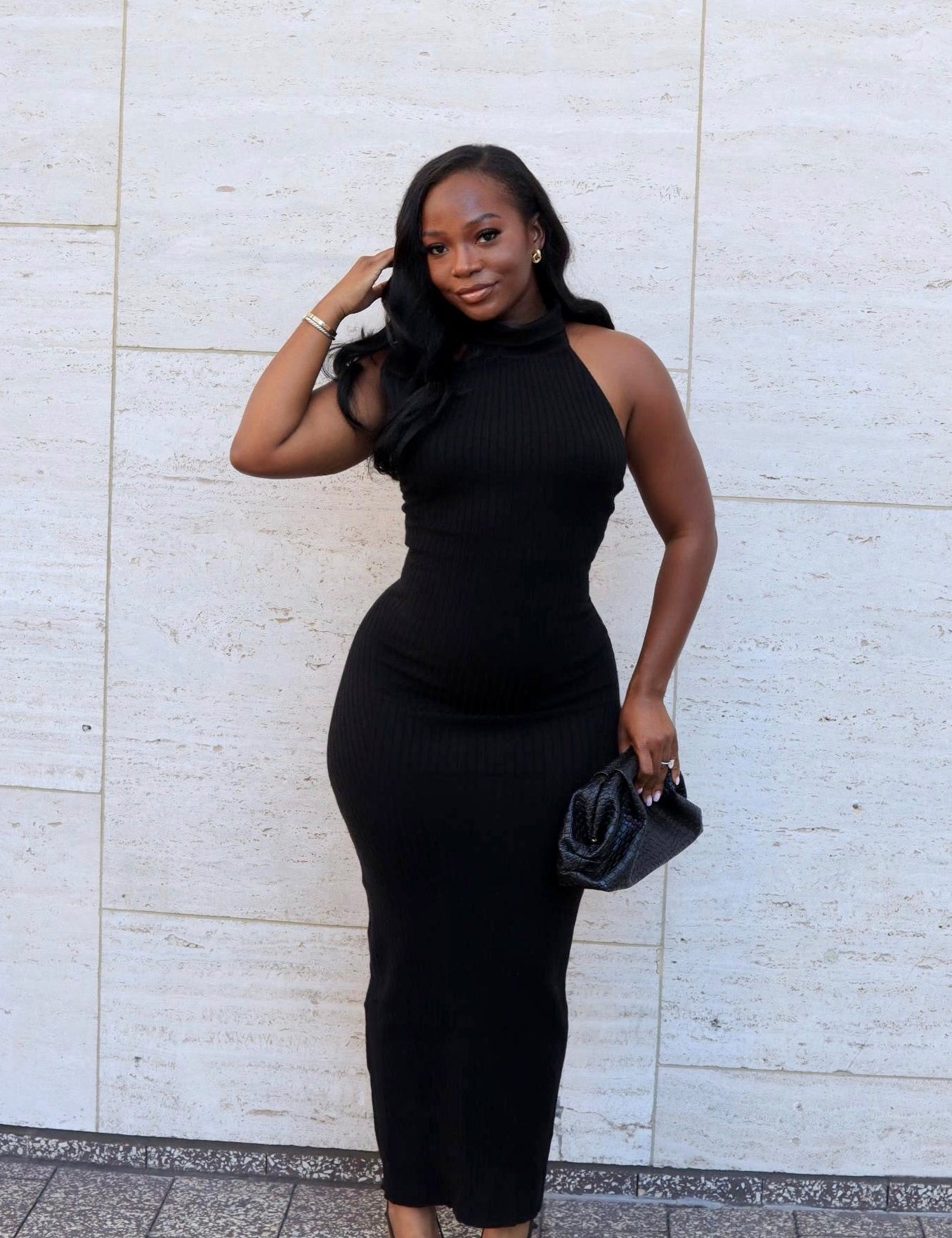 Rare Form Ribbed Halter Knit Maxi Dress Black
