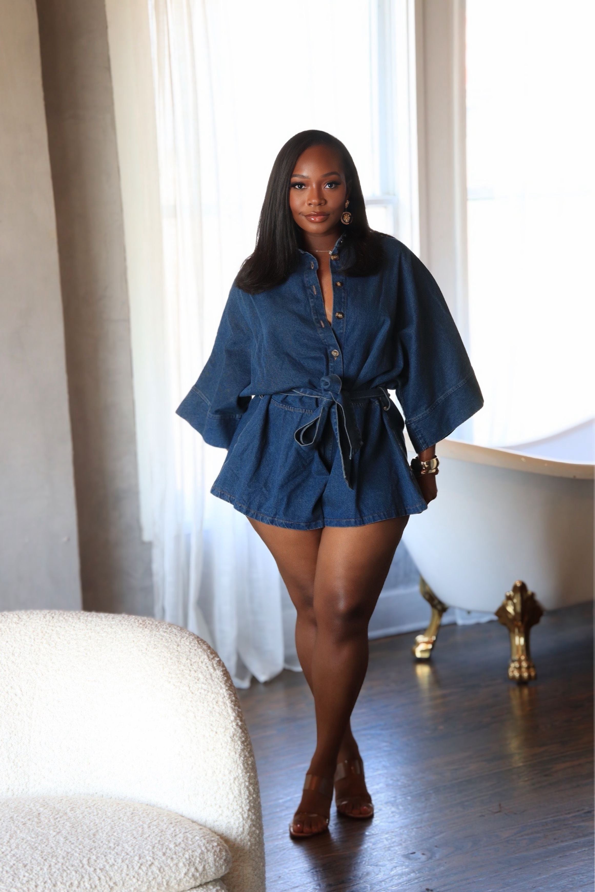 On My Terms – Denim Belted Romper