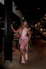 Mocha Mirage – Ombre Plunge Maxi Dress