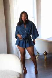 On My Terms – Denim Belted Romper
